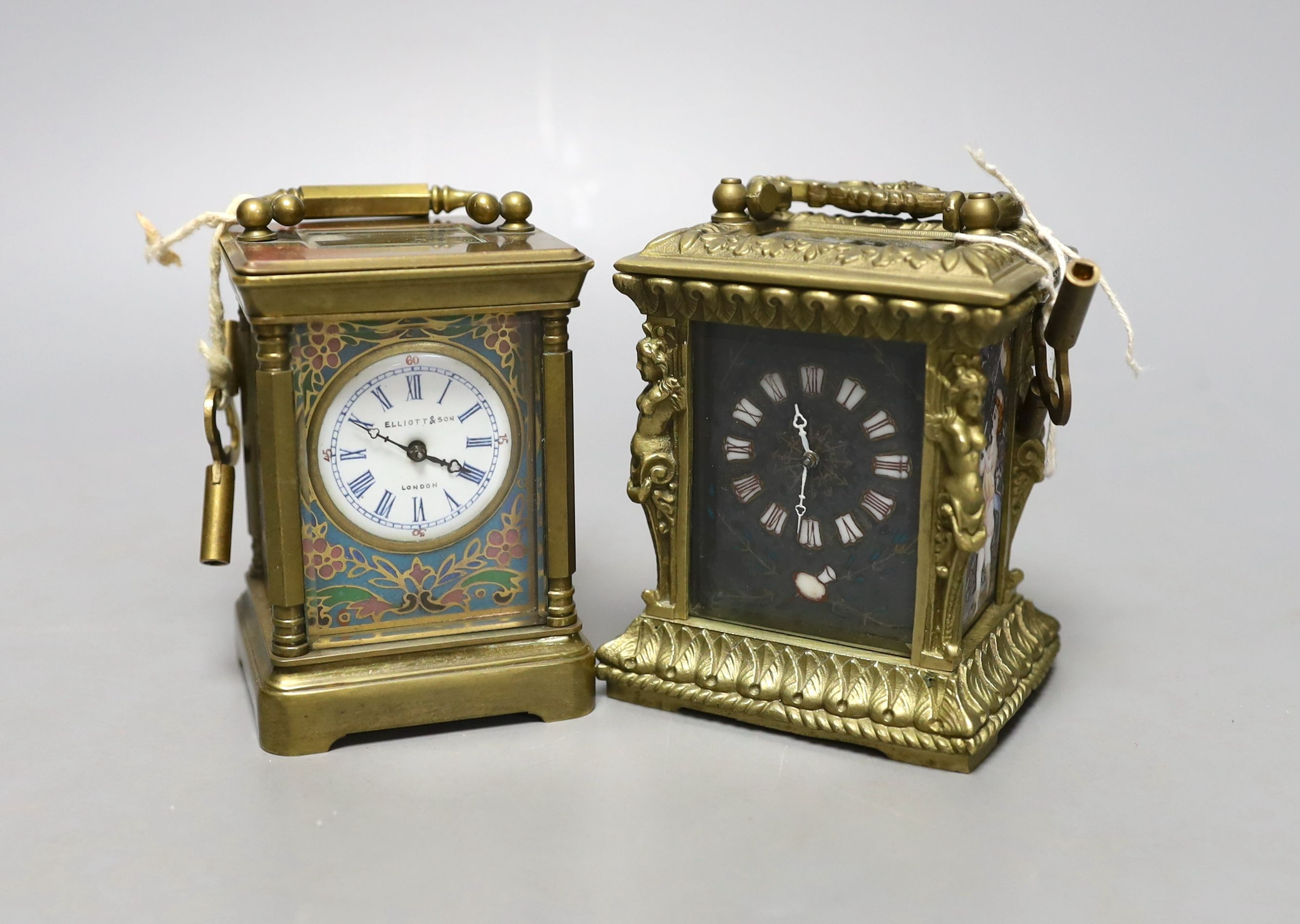 Two small reproduction brass and enamel and brass and cloisonné carriage timepieces, largest 8 cms high.